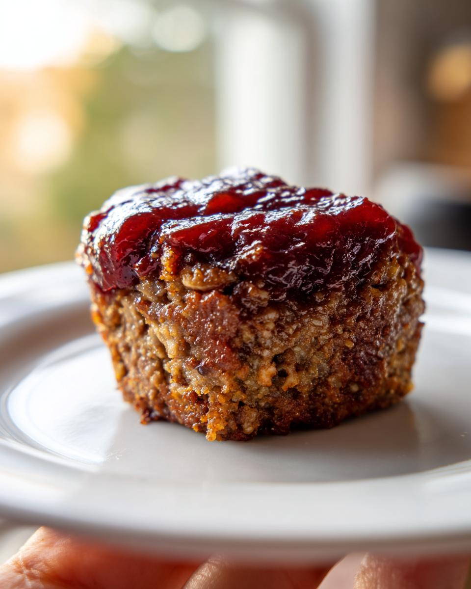 A single, perfectly formed mini meatloaf topped with a thick, glossy red glaze, resting on a white plate.