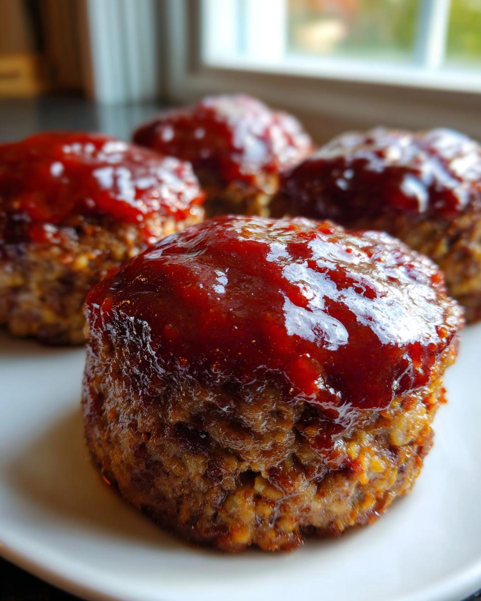 Close-up of a perfectly formed mini meatloaf topped with a thick, shiny red glaze.