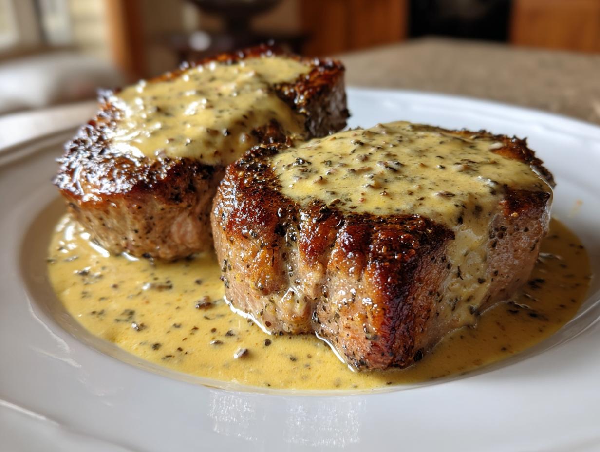 Two thick, seared pork chops topped with a creamy, speckled sauce, served on a white plate.