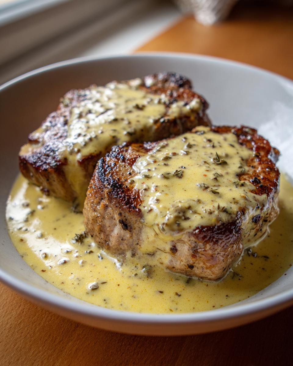 Two perfectly seared pork chops smothered in a rich, yellow cream sauce seasoned with herbs.