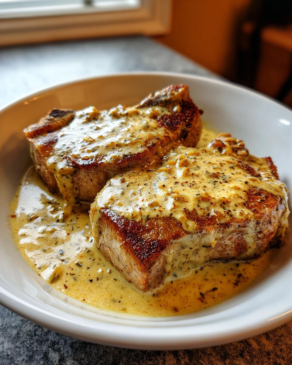 Two thick, seared pork chops smothered in a rich, creamy mustard pan sauce served in a white bowl.