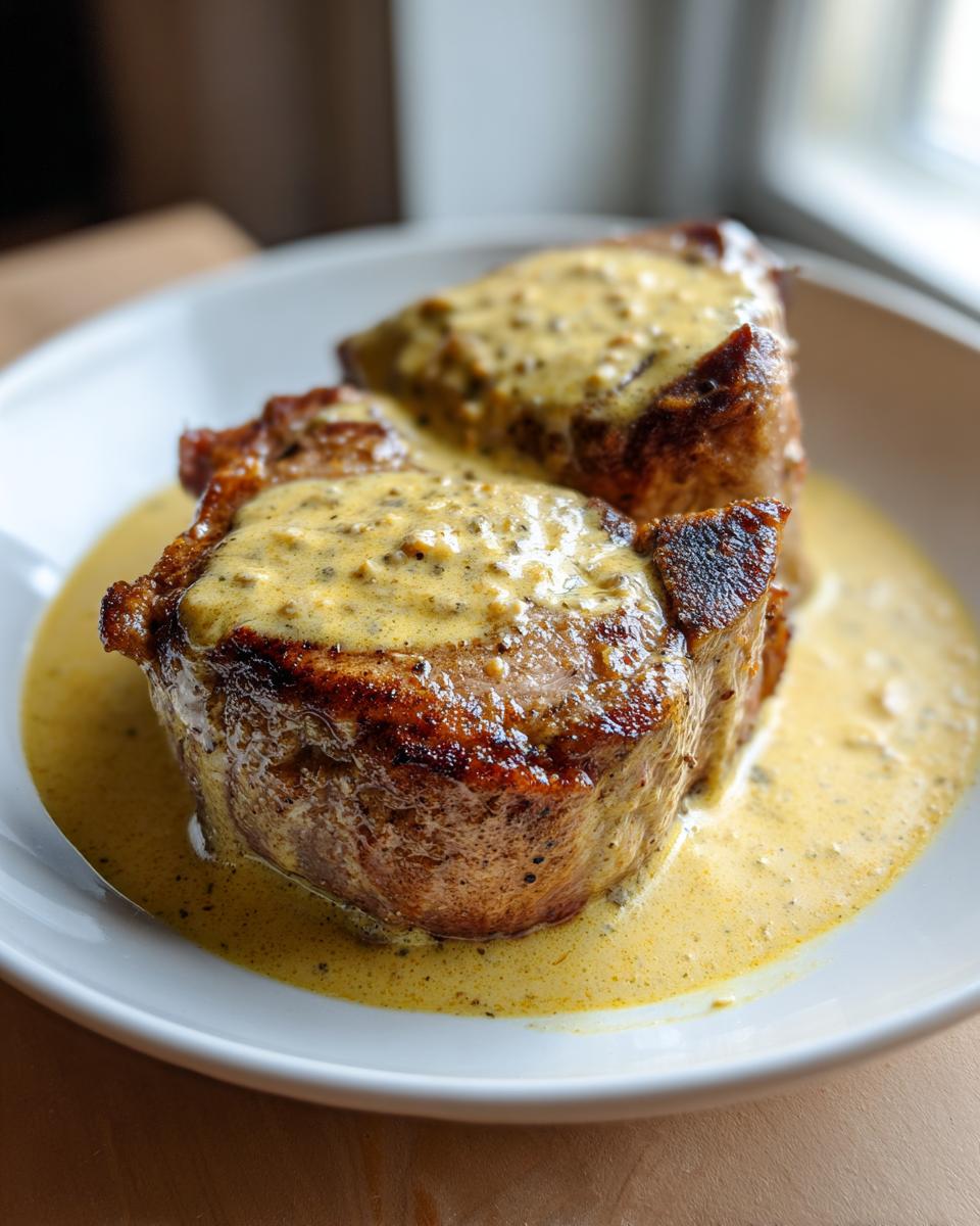 Two thick, seared pork chops covered in a creamy, speckled mustard sauce served in a white bowl.