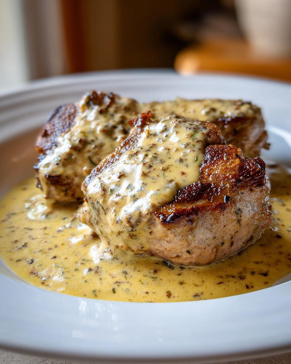 Close-up of three seared pork chops smothered in a rich, creamy mustard sauce on a white plate.