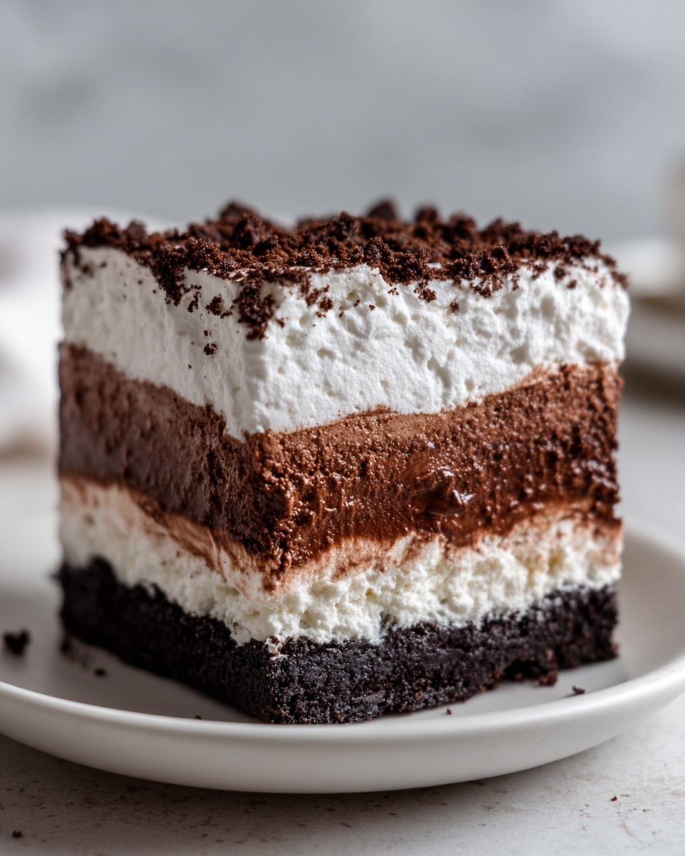Close-up of a square slice of Mississippi Mud Pie showing five distinct layers of chocolate and cream.