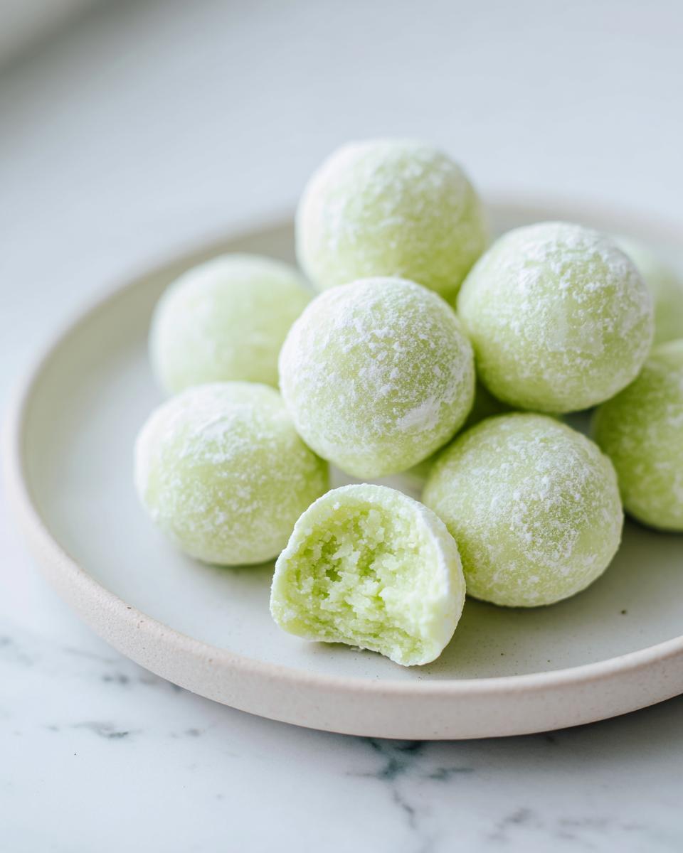 A pile of light green cream cheese mints dusted with powdered sugar, one is bitten open.