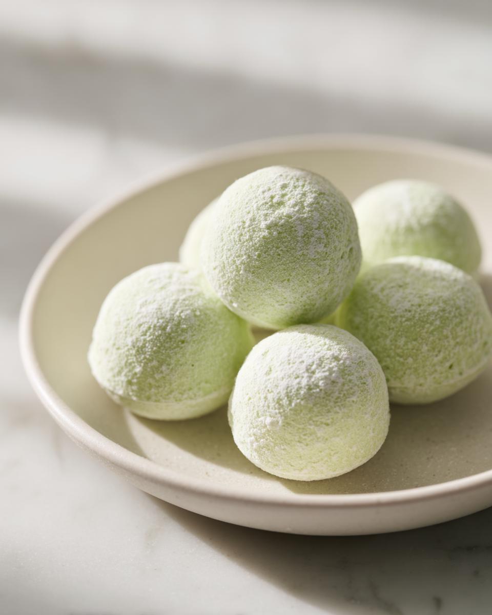 A small stack of light green cream cheese mints dusted heavily with powdered sugar, resting on a pale dish.