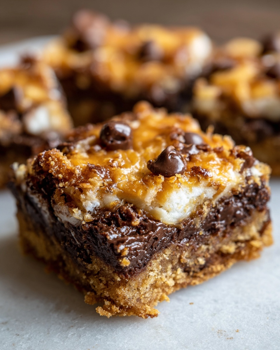 A close-up, cross-section view of a rich magic cookie bars slice showing the graham cracker crust, chocolate layer, and coconut topping.