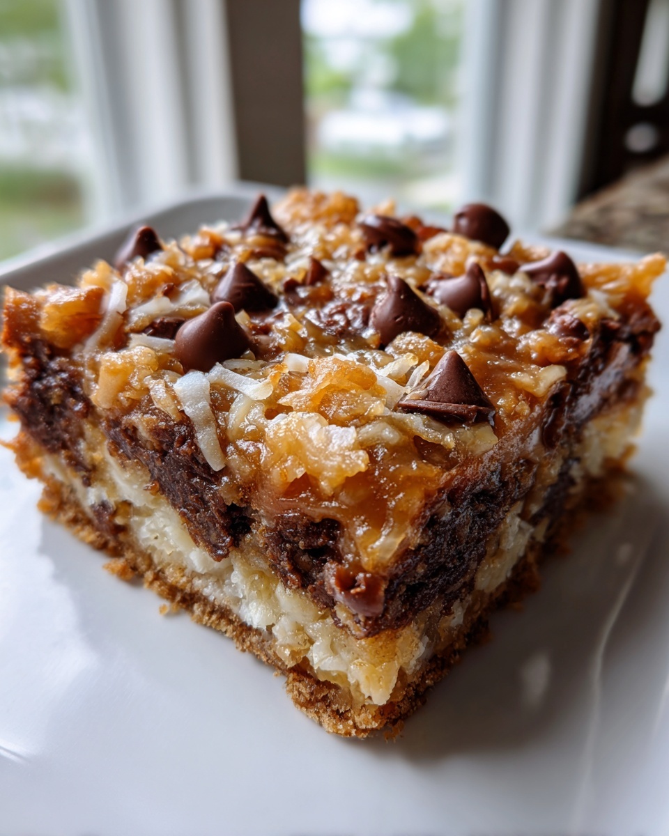 A single, thick slice of magic cookie bars showing layers of crust, coconut, chocolate, and toasted topping.