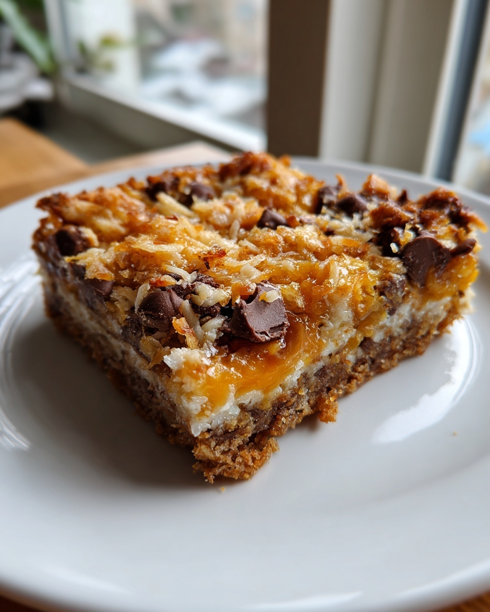 A single, thick slice of magic cookie bars featuring a graham cracker crust, gooey topping, chocolate chips, and toasted coconut.
