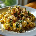A close-up, bright photo of Mexican street corn salad featuring charred corn, white cotija cheese, and fresh cilantro.