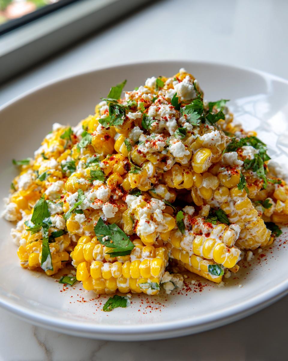 Close-up of vibrant Mexican street corn salad made with corn cut from the cob, topped with white cotija cheese, cilantro, and chili powder.
