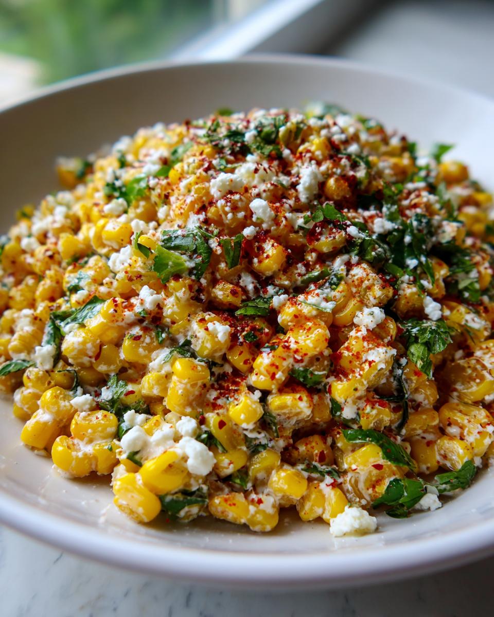 Close-up of vibrant Mexican street corn salad featuring corn kernels, cotija cheese, cilantro, and chili powder.