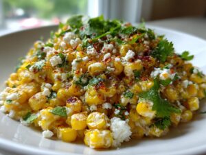 Close-up of a vibrant Mexican street corn salad featuring charred corn, cotija cheese, cilantro, and chili powder.