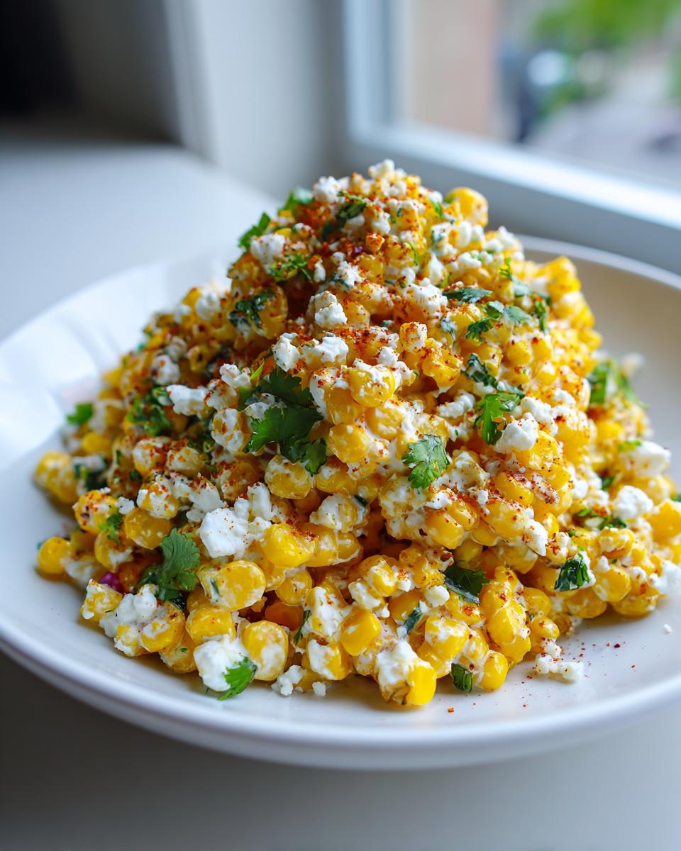 A vibrant mound of Mexican street corn salad featuring yellow corn kernels, white cotija cheese, cilantro, and chili powder.