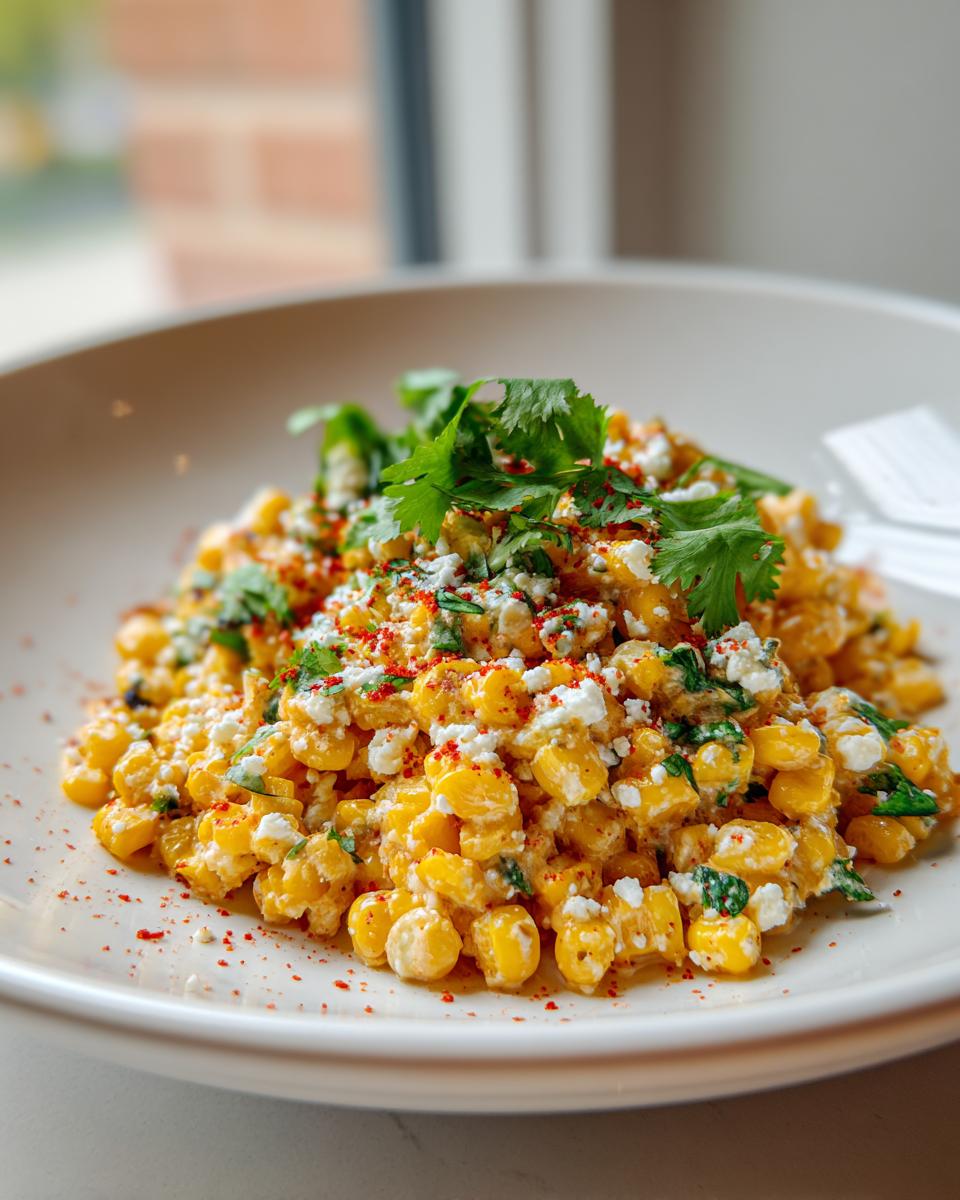 A close-up shot of Mexican street corn salad featuring corn kernels, cotija cheese, cilantro, and chili powder in a white bowl.