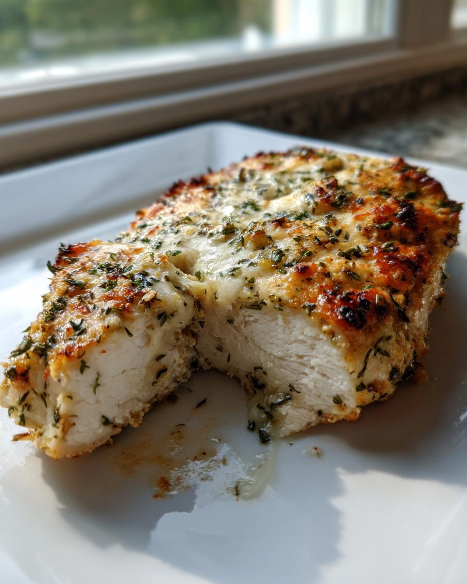 Cross-section of moist baked ranch chicken showing juicy white meat and a cheesy, herbed topping.