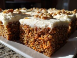 Close-up of a thick slice of moist carrot cake bars topped with cream cheese frosting and walnuts.