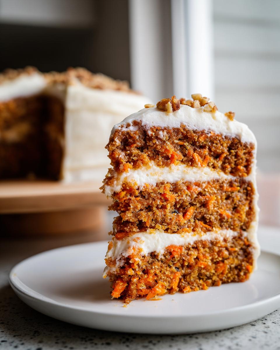 Close-up of a moist, three-layer carrot cake slice topped with cream cheese frosting and chopped walnuts.