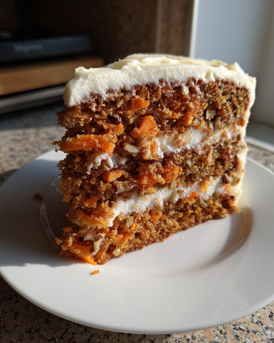 Close-up of a thick slice of moist carrot cake with visible shredded carrots and walnuts, layered with cream cheese frosting.