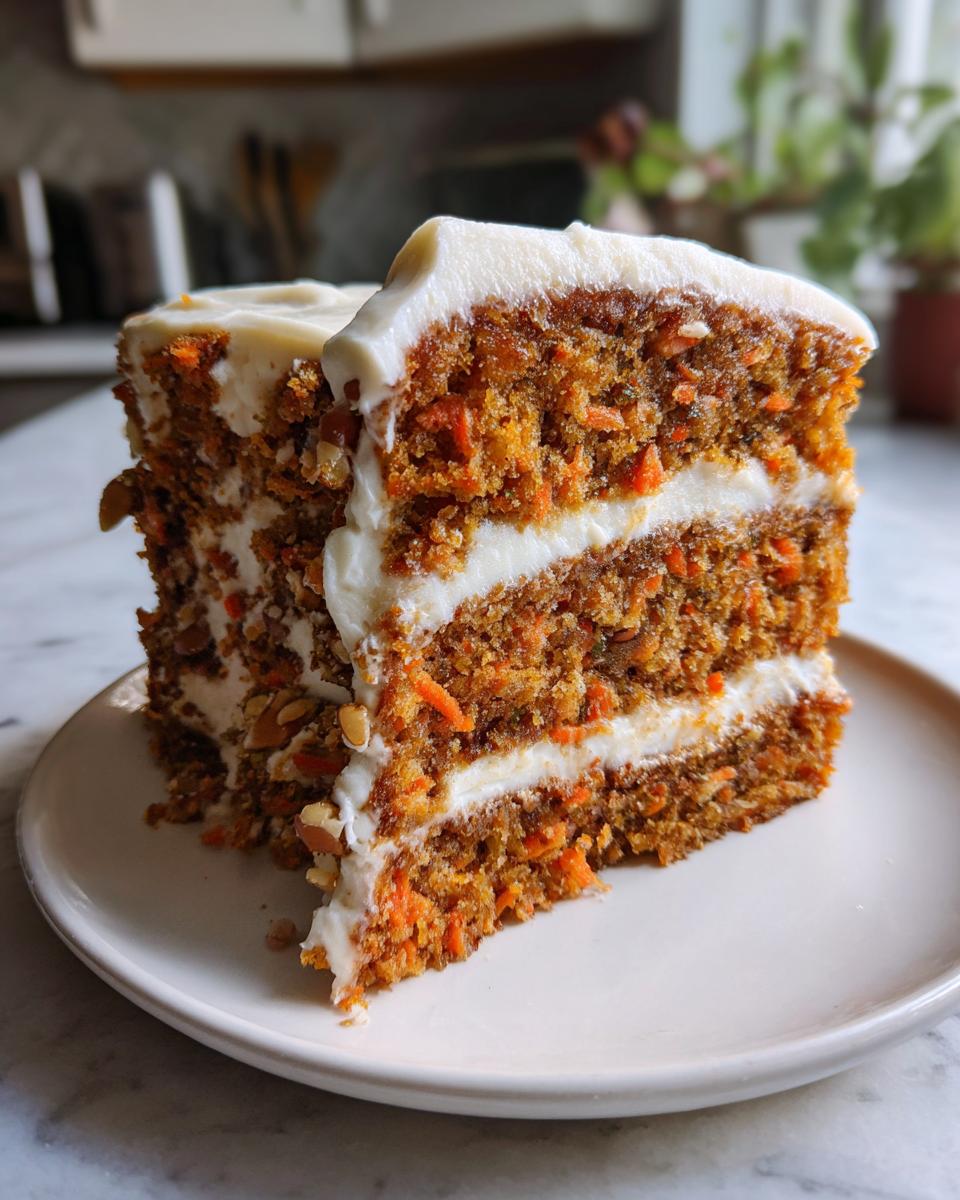 A thick, moist slice of carrot cake layered with cream cheese frosting, showing visible carrot shreds.