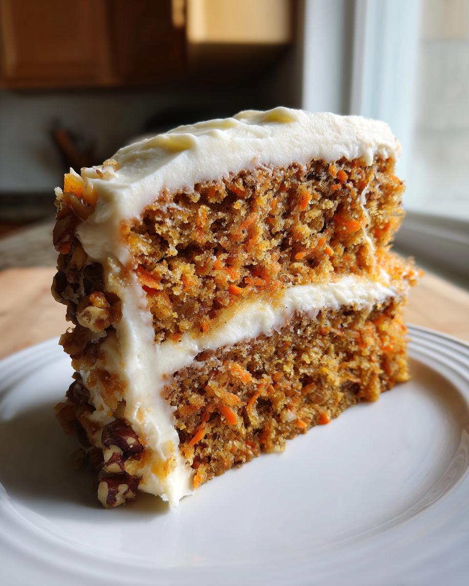 A thick slice of moist carrot cake layered with cream cheese frosting and coated in pecans.