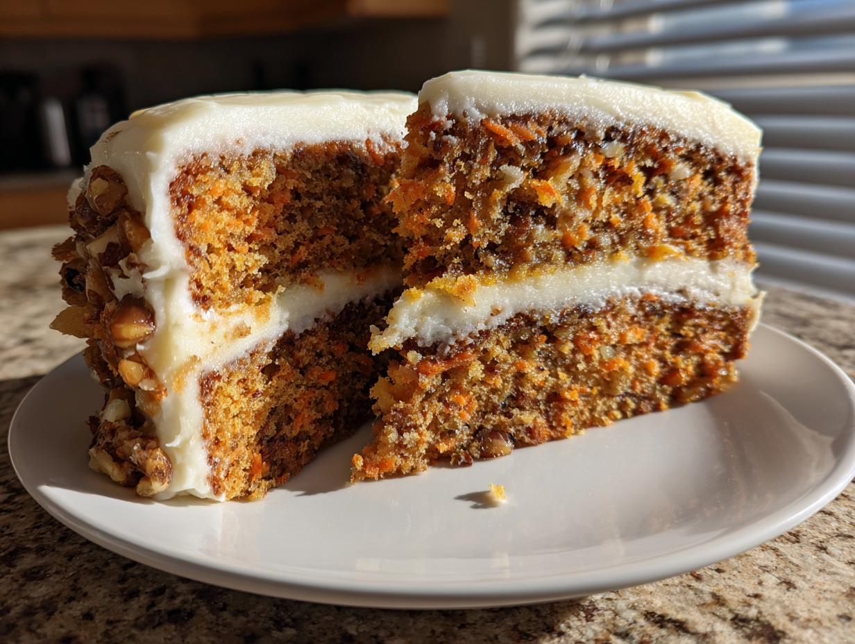 A thick slice of moist carrot cake with two layers, cream cheese frosting, and pecans on the side.