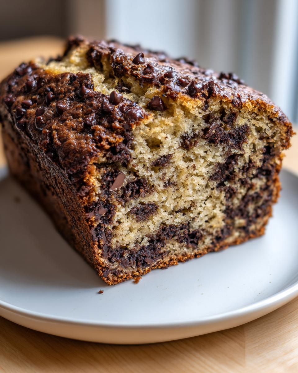 A close-up view of a freshly baked chocolate chip banana bread loaf, showing a moist crumb packed with melted chocolate chips.