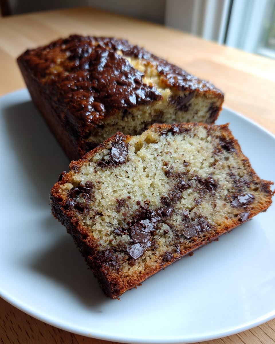 A thick slice of moist chocolate chip banana bread showing rich chocolate swirls and a golden crust.