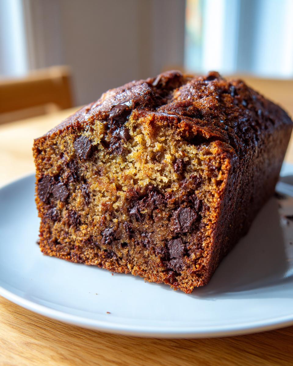 A close-up of a moist slice of chocolate chip banana bread showing rich texture and melted chocolate chunks.
