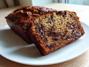 A close-up view of a slice of moist chocolate chip banana bread showing rich texture and melted chocolate chunks.