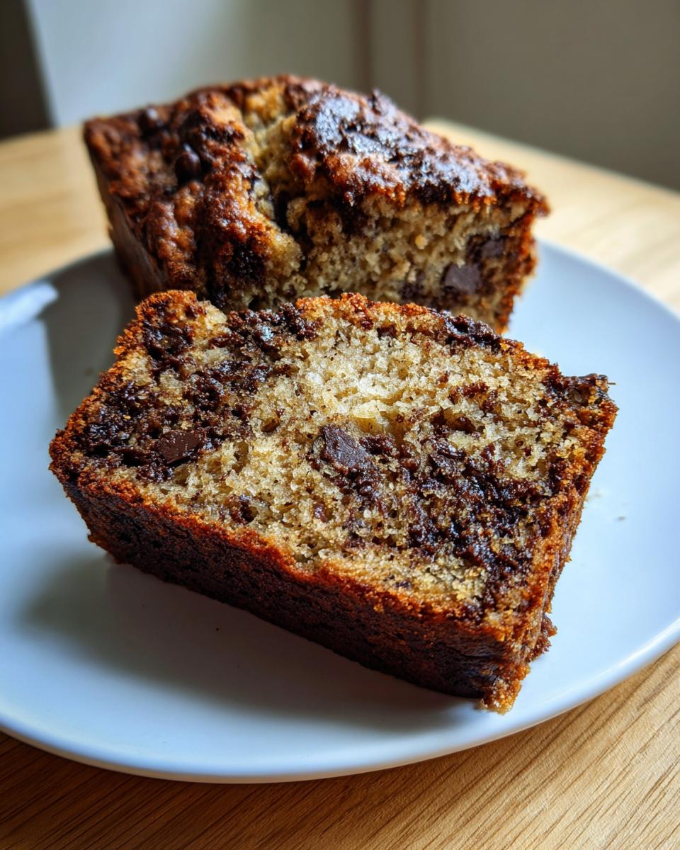 Two slices of moist chocolate chip banana bread showing a rich, dark chocolate swirl and golden crumb.