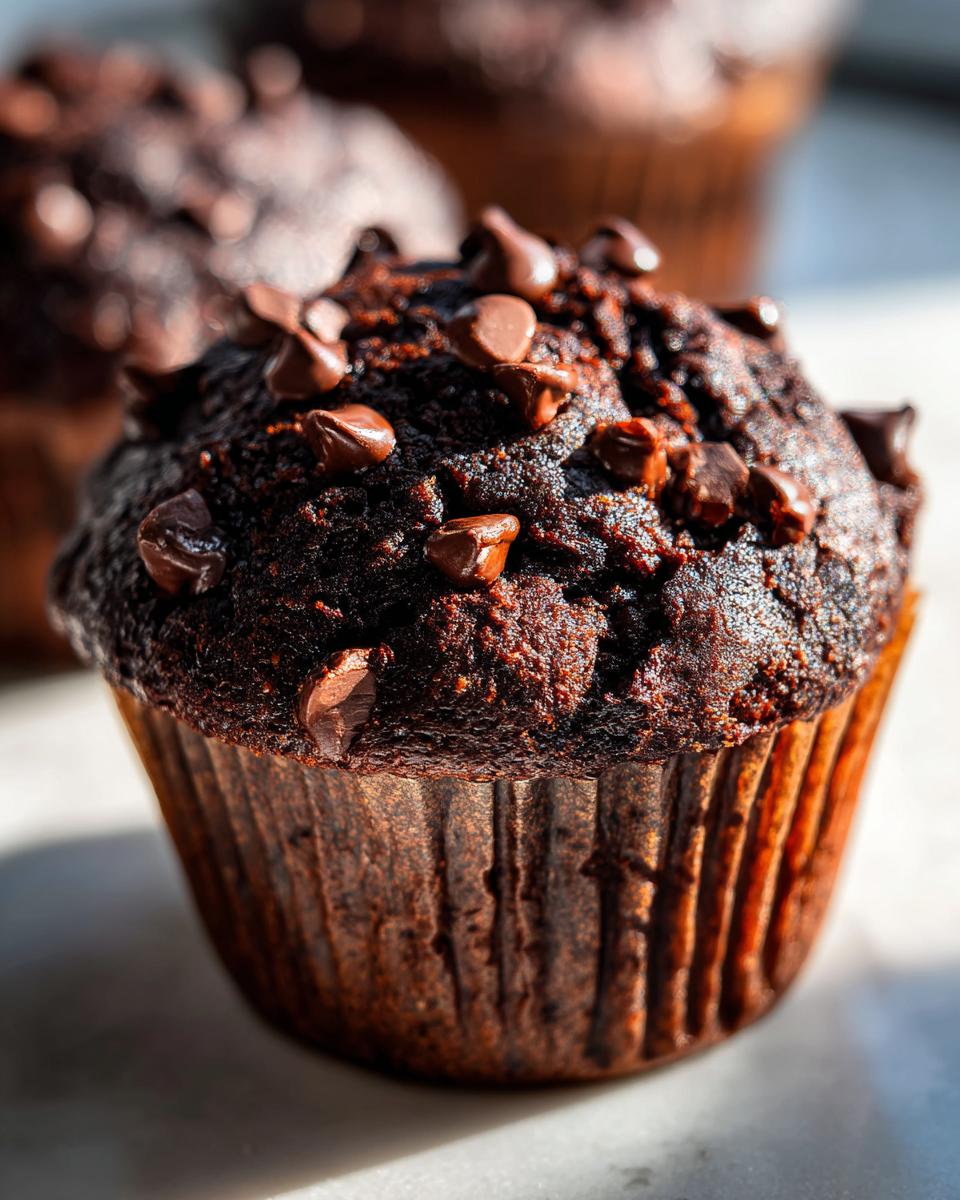 A close-up, richly textured shot of a moist chocolate muffin topped generously with semi-sweet chocolate chips.