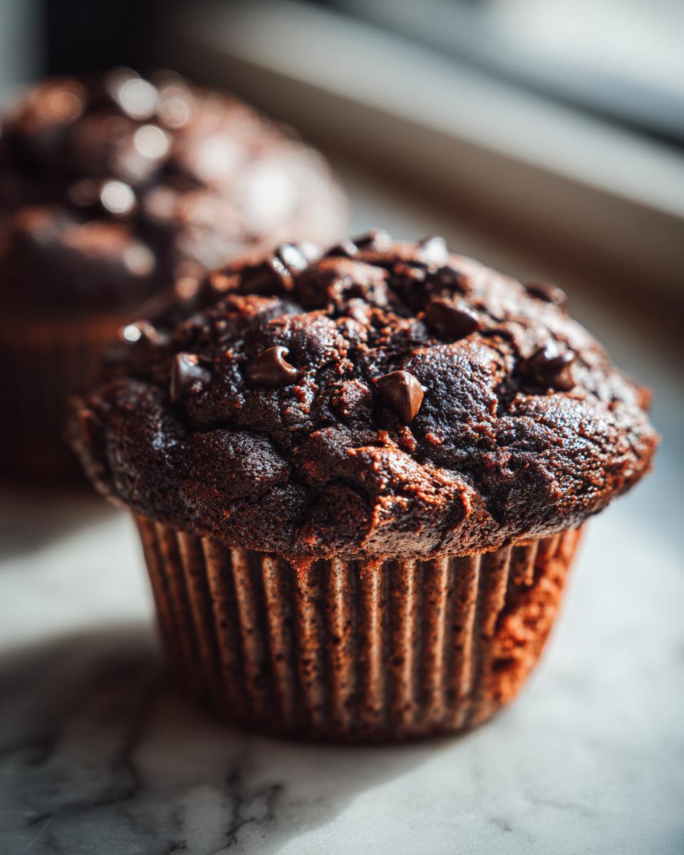 Extreme close-up of a rich, dark chocolate muffin topped with melted chocolate chips, sitting on a marble surface.