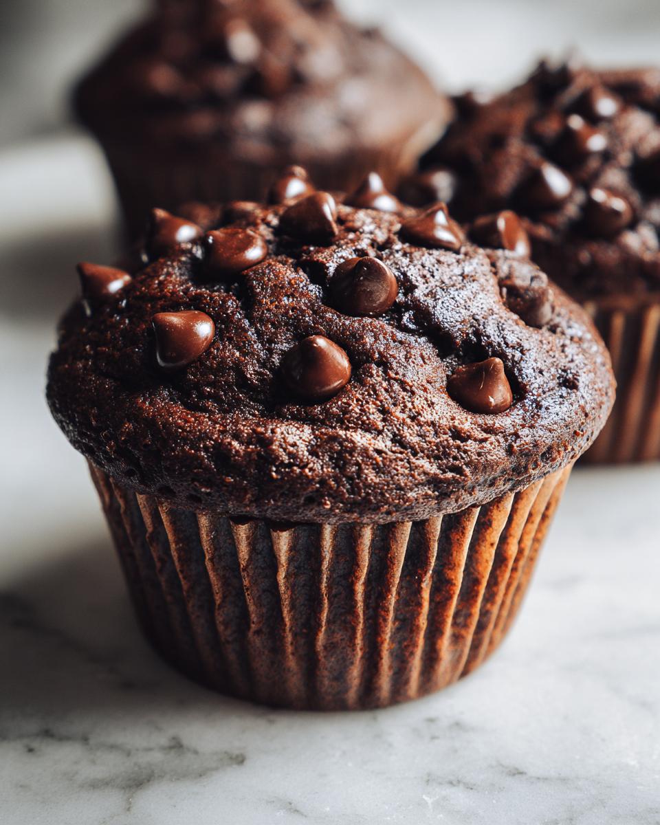 A close-up of a rich, dark chocolate muffin topped generously with chocolate chips, sitting on a marble surface.