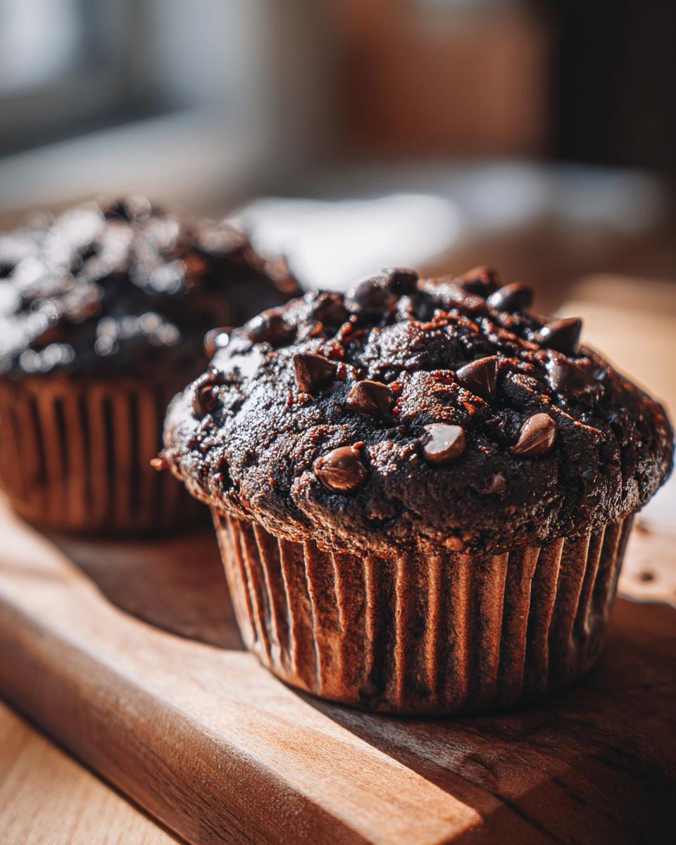 Close-up of a moist chocolate muffin generously topped with melted chocolate chips, sitting on a wooden board.