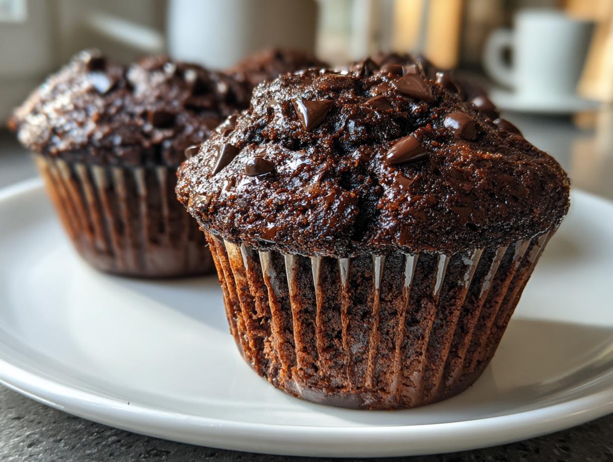 Close-up of two moist chocolate muffins topped generously with melted chocolate chips on a white plate.
