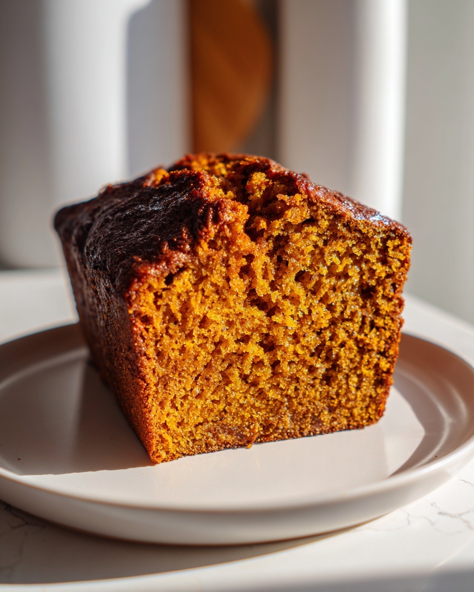 Close-up of a thick slice of moist easy pumpkin bread showing its rich orange crumb texture.