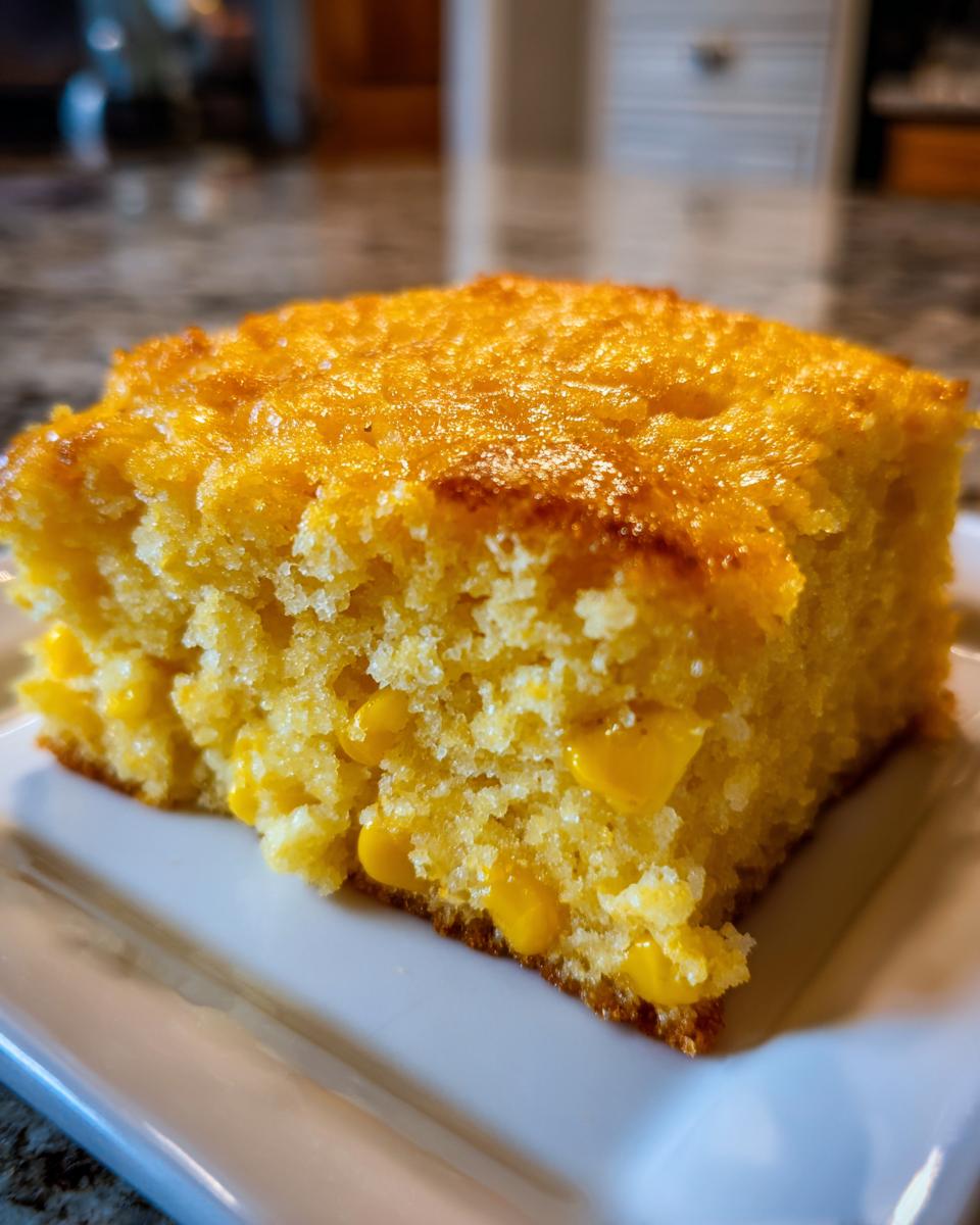 A close-up shot of a square slice of golden, moist jiffy corn casserole with visible whole corn kernels.