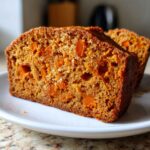 Close-up of a moist slice of persimmon bread showing the rich orange color and texture.