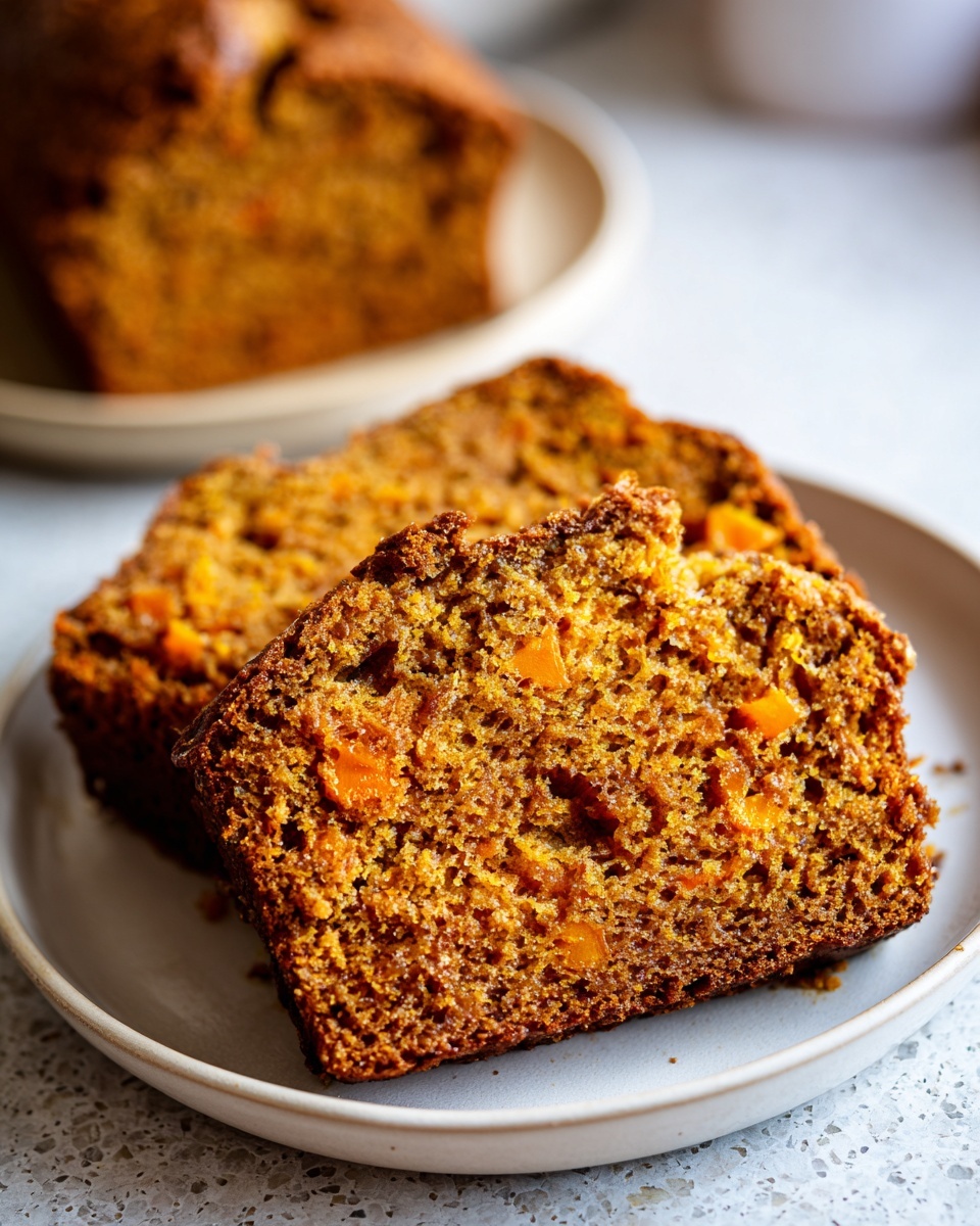 Close-up of two moist slices of dark orange persimmon bread showing visible fruit chunks.