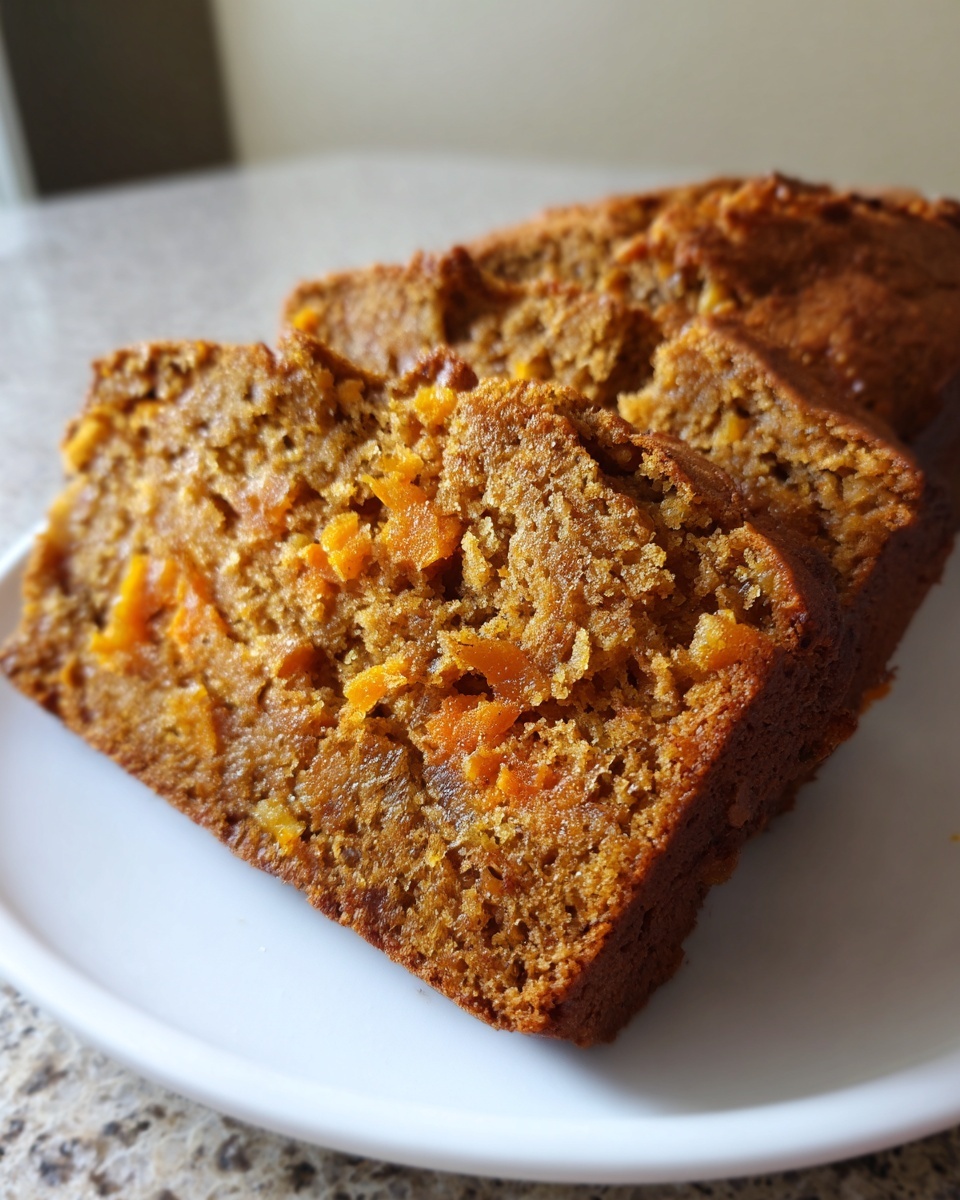 Close-up of moist slices of homemade persimmon bread showing the rich color and fruit pieces.