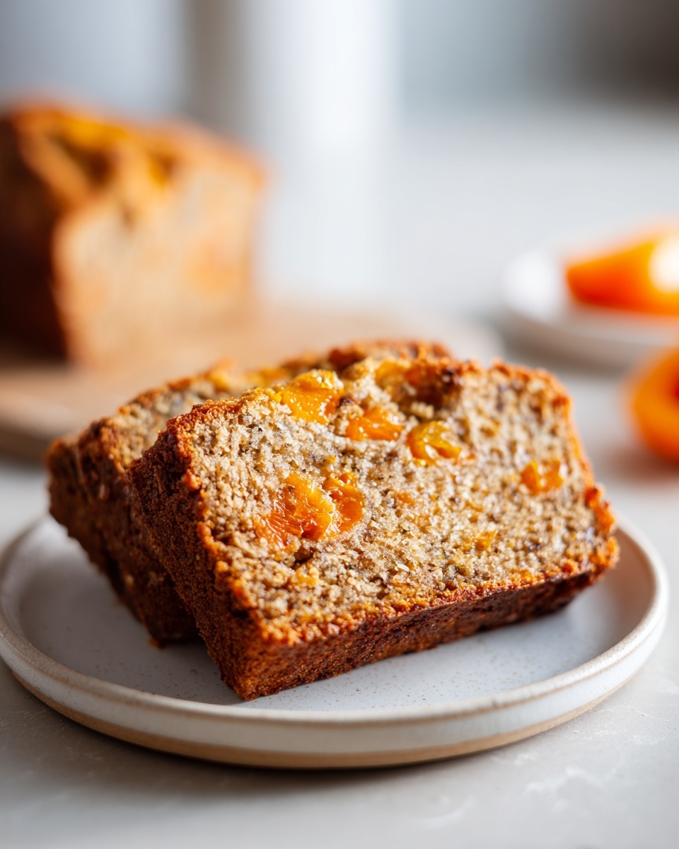 Two moist slices of homemade persimmon bread with visible fruit pieces on a small speckled plate.