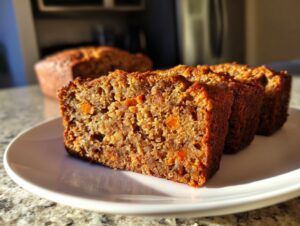 Close-up of three moist slices of persimmon bread on a white plate, showing the rich texture.