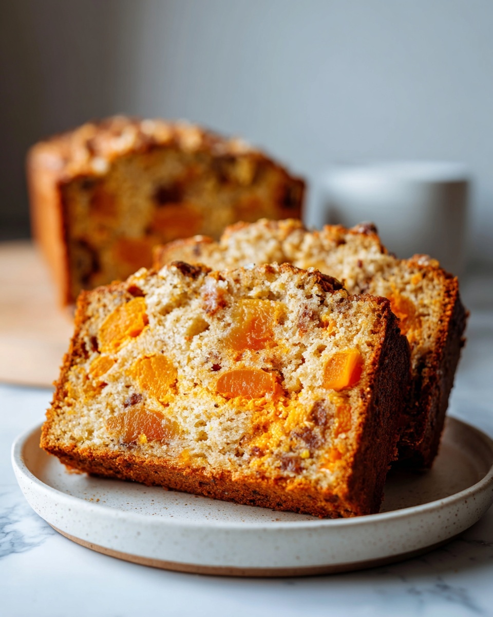 Close-up of two moist slices of persimmon bread, rich with orange fruit pieces, served on a speckled plate.