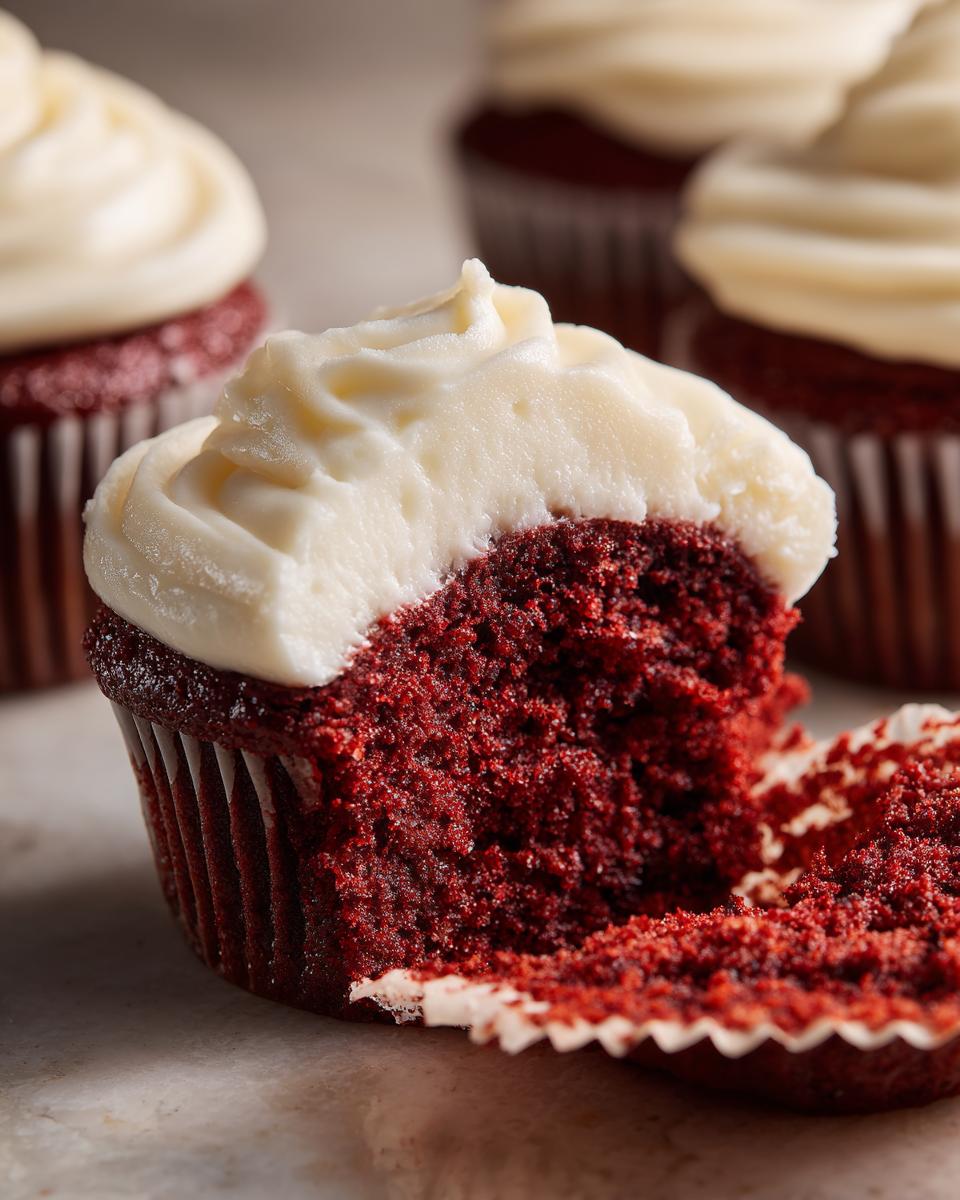 Close-up of a red velvet cupcakes with a bite taken out, showing the moist crumb and thick cream cheese frosting.