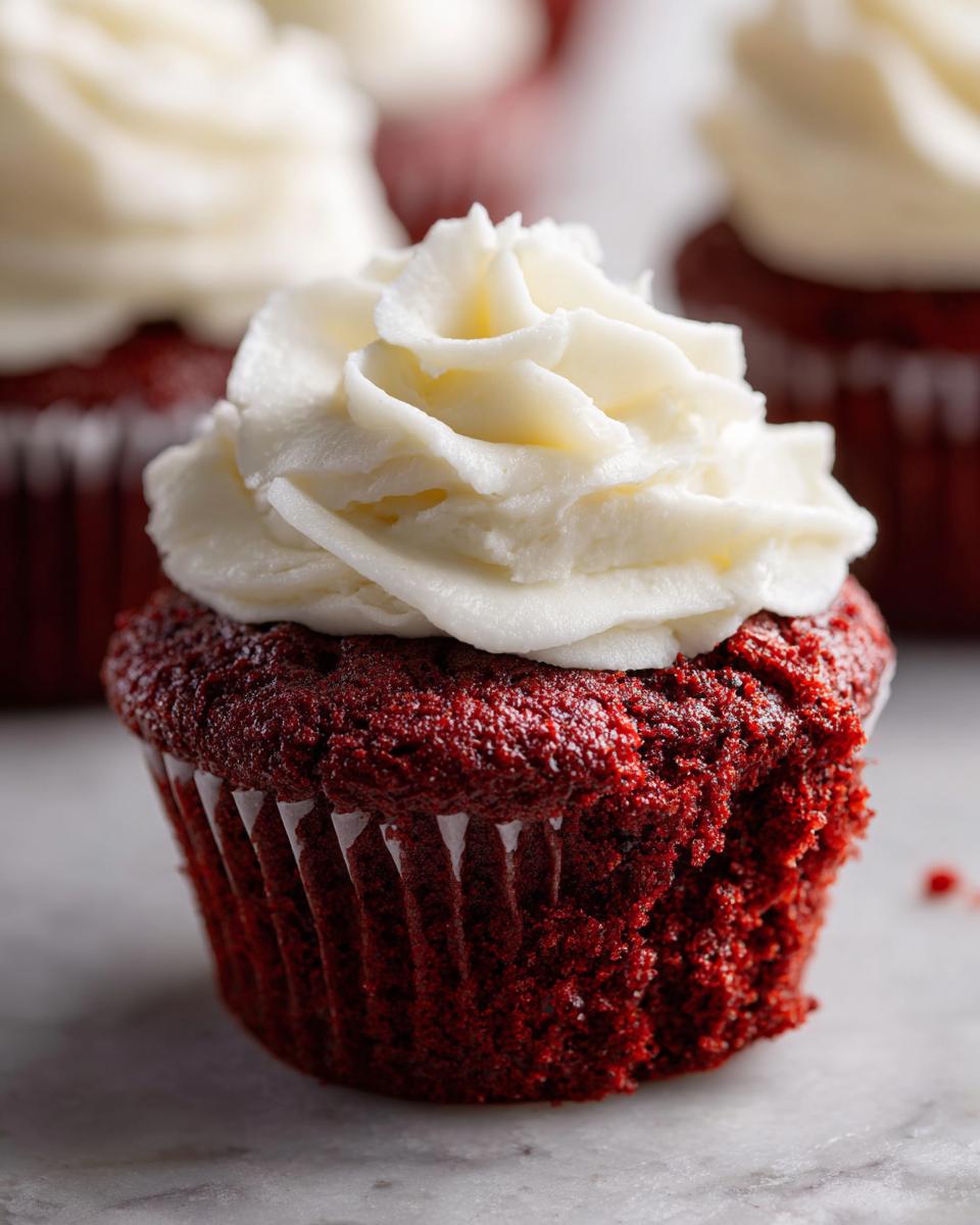 Close-up of a moist red velvet cupcakes topped with a swirl of white cream cheese frosting.