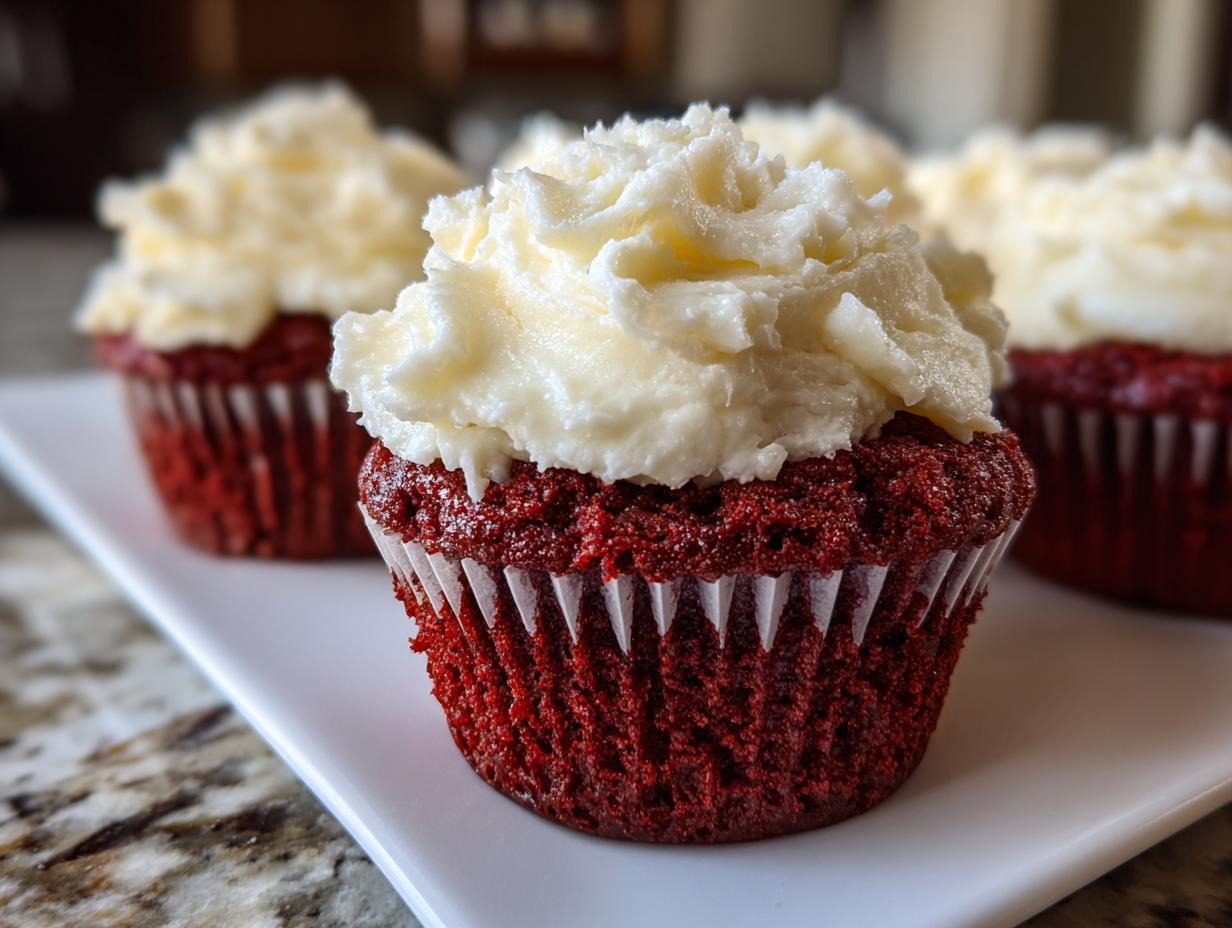 Close-up of a moist red velvet cupcakes topped with thick, creamy white frosting, served on a white platter.