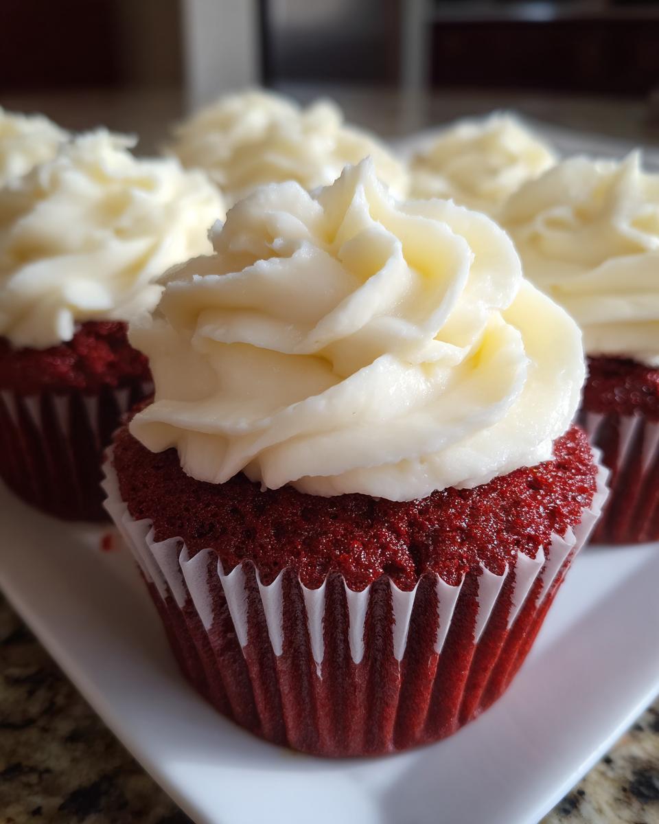 Close-up of a perfectly frosted red velvet cupcakes with rich red cake and white cream cheese topping.