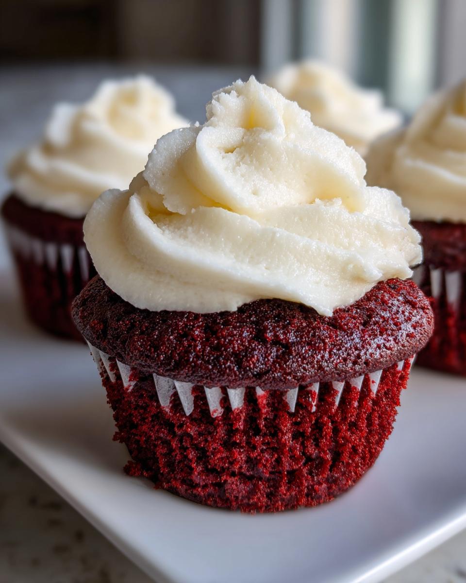 Close-up of a vibrant red velvet cupcakes topped with thick, white cream cheese frosting.