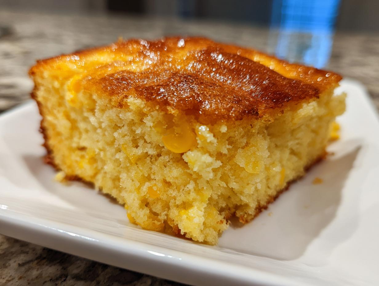 Close-up of a square slice of moist jiffy corn casserole with a golden, slightly caramelized top.